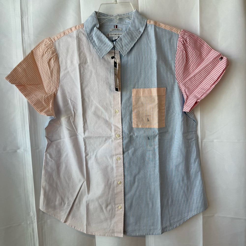 NEW Women's Tommy Hilfiger Shirt Size L Blue Pink Striped Short Sleeve